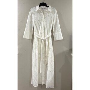 Zara Womens embroidered White button-up Cotton maxi summer dress size Small